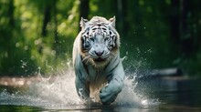 White Siberian Tiger Runs On Water, In Forest. Dangerous Animal. Animal In A Green Forest Stream