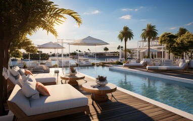 Wall Mural - A modern superior hotel pool and superior outdoor sofas at a sunny day