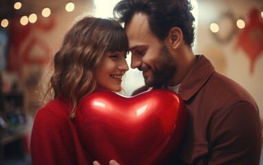 Romantic moment, couple with a big red heart in valentine photoshoot