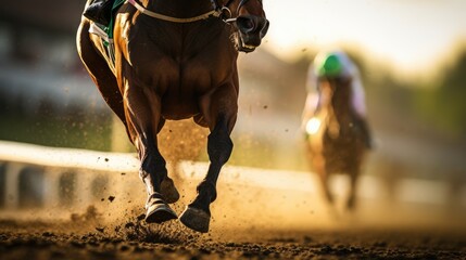 Horse racing details of galloping horses legs on hippodrome track