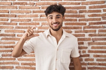 Canvas Print - Arab man with beard standing over bricks wall background smiling and confident gesturing with hand doing small size sign with fingers looking and the camera. measure concept.