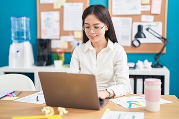 Poster - Young chinese woman business worker using laptop working at office