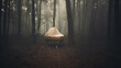 A surreal image of a vintage bassinet in the clearing of a deep and dark forest.