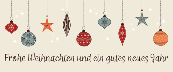 Canvas Print - Frohe Weihnachten und ein gutes neues Jahr – Schriftzug in deutscher Sprache. Weihnachtskarte mit bunten Christbaumkugeln.