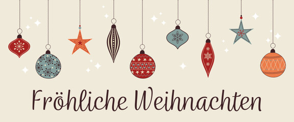 Sticker - Fröhliche Weihnachten – Schriftzug in deutscher Sprache. Weihnachtskarte mit bunten Christbaumkugeln
