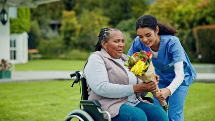 Poster - Gift, wheelchair and caregiver with flowers for senior woman with a disability at retirement home garden together. Present, hug and nurse giving elderly person bouquet as kindness and support