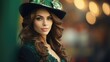 St. Patrick Day leprechaun model girl. Beautiful woman in St. Patricks costume