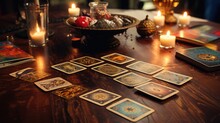 A Pile Of Tarot Cards Lie On The Table