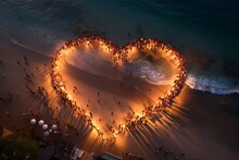Crowd Of People On The Beach In The Shape Of A Heart. Background With Selective Focus And Copy Space