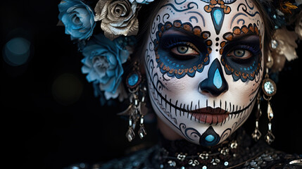 Wall Mural - beautiful woman dressed for Mexican Day of the Dead.