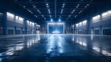 Fototapeta Perspektywa 3d - Modern empty industrial warehouse interior with closed shutter door and LED lighting.