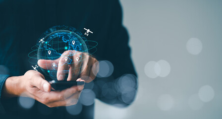 Wall Mural - hand touching on global internet connection. business global internet connection application technol