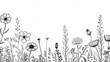 Collection of flowers and grasses drawn with black lines with copy space.