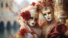 A Person In A Carnival Venetian Mask Against The Background Of The City, Traditional Italian Holiday, Venice, Masquerade, Costume, Outfit, Girl, Woman, Art, Celebration, Theater, Doll, Decor, Design