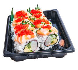 Poster -  Delivery tray of delicious salmon uramaki rolls over isolated white background