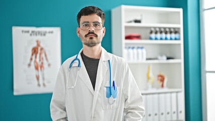 Wall Mural - Young hispanic man doctor standing with serious expression at clinic