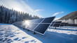 Industrial solar power farm station in winter, snow on the ground. Renewable energy concept.