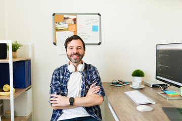 Happy developer smiling developing new software