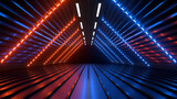 Fototapeta Przestrzenne - Sci Fi neon glowing lines in a dark tunnel. Reflections on the floor and ceiling. 3d rendering image. Abstract glowing lines. Technology futuristic background.