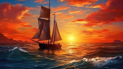Wall Mural - Sails on the background of colorful sunset