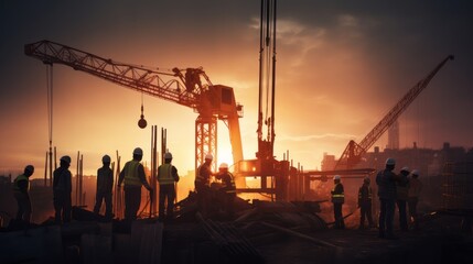 Wall Mural - Building under construction, crane and building construction site on sunset daytime, industrial development