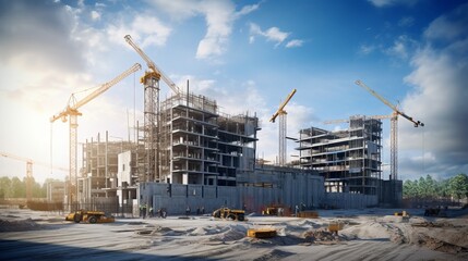 Wall Mural - Building under construction, crane and building construction site on sunset daytime, industrial development