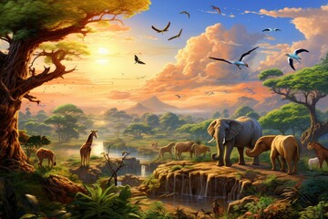 elephants in the jungle at sunset, illustration for children, amazing sunset and sunrise, wildlife i