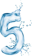 Liquid water number five with splash bubbles, transparent type font, aqua typeface, wet english digit. Isolated realistic vector 5 dynamic and refreshing sign with fluid curves, drops and waves