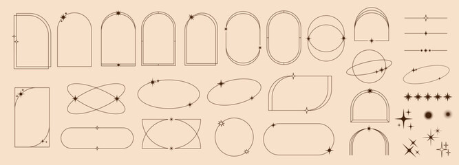 Wall Mural - minimal line frames and borders with star twinkles, sparkles and arch shapes, outline vector. simple