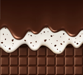 Wall Mural - Realistic chocolate chip and melting drips on chocolate bar background, realistic vector. Chocolate bar with splash in choco wave twist swirl, whirl or drops splatter of milk cocoa or stracciatella