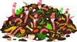 Cartoon earth worms eating compost, funny earthworm characters in organic wastes, vector background. Vermicomposting poster with earthworms in soil humus eating compostable bio garbage of food scraps