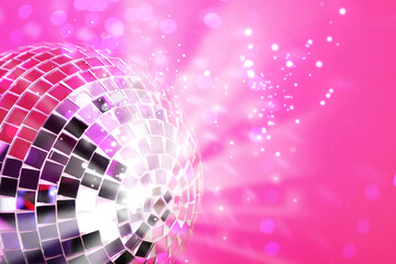 Sticker - Shiny disco ball on pink background with blurred lights, space for text. Bokeh effect