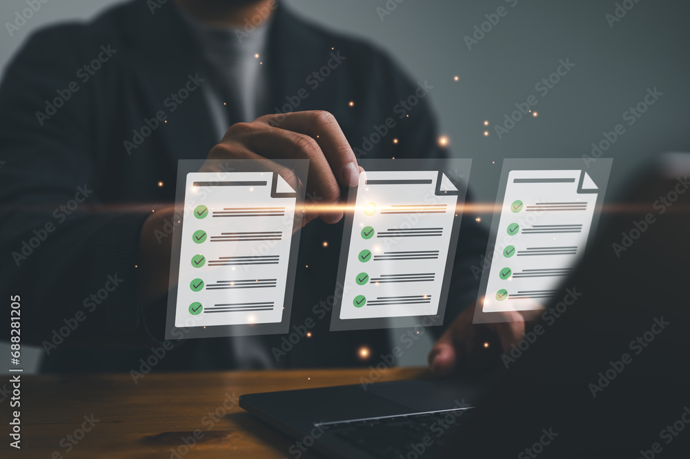 Online survey filling out, digital form checklist by laptop computer, Document Management Checking System, online documentation database and process manage files. Technology DMS, internet network
