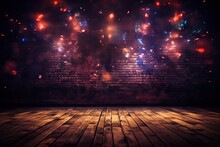 View Night Wall Lamps Neon Highlights Bright Smoke Background Dark Floor Wooden Walls Light Fire Sparks Brick Old Empty Room Basement Abstract Disco Pattern Design Colourful