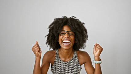 African american woman business worker smiling confident celebrating over isolated white background