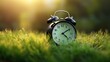 Black color alarm clock on green grass