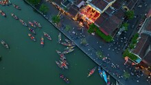 Top View Of Hoi An Vietnam The Ancient City Of UNESCO World Heritage In Quang Nam Province It Is A Popular Tourist Attraction Where Colorful Lantern Boats Sail On The River.