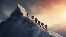 Group Ascending Majestic Mountain Peak with Remarkable Teamwork and Success