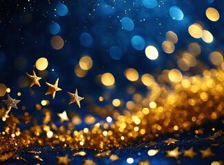 Sticker - Abstract background with Dark blue and gold particle. New year, Christmas background with gold stars and sparkling. Christmas Golden light shine particles bokeh on navy background. Gold foil texture