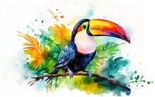 Colorful Toucan Bird With Tropical Flowers Painted In Watercolor Style With Splash Of Paint Isolated On White Background. Tropical Travel Vacation Cute Cartoon , Exotic Jungle Graphic Resource By Vita