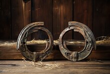 Board Wooden Vintage Straw Horseshoes Rusty Old Two Background Empty Horseshoe Fortune Wood Lucky Symbol Good Luck Wish Success Superstition Plank Horse Signs Amulet Copy Space