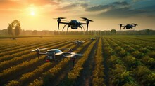 A Smart Agriculture Setup, With Drones And Autonomous Tractors Working Together To Optimize Crop Yield On A Vast, Tech-driven Farm.