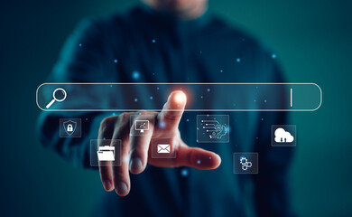 Leinwandbilder - search with Ai assistant, Businessman Search On Virtual Screen Data Search Technology Search Engine Optimization. Man use computer to Searching for information. Using web Console for data, SEO.