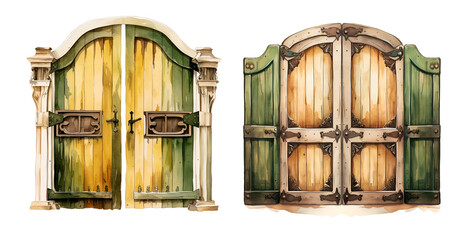 Wall Mural - Western old saloon doors, watercolor clipart illustration with isolated background