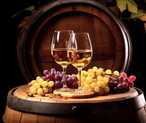 A picture of two glasses of white wine and white grapes, wine barrel in background, nice reflection. Generative AI