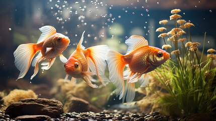 The goldfish in deep orange and light gold swim in a tank with plants, algae and rocks, air bubbles, influences, plump bodies.