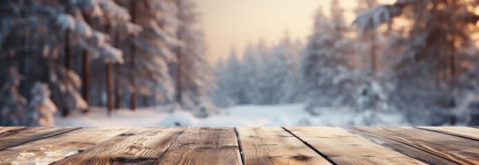 Wall Mural - Wood table in snow over winter background