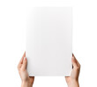 © Mrt - Woman hands holding blank paper, magazine, cover, brochure isolated on transparent background with copy space for text, Top view of empty mockup template