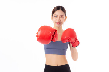 Portrait beautiful young asian woman in sportswear exercise with boxing sport isolated white background, woman training workout with punch for healthcare, health and bodycare, power and strong.