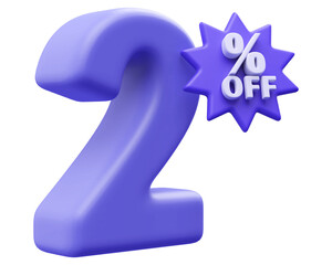 Special 2 percent off sale - 3d render purple number with tag label